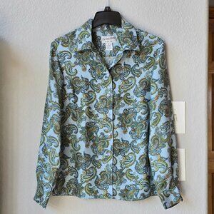 100% Silk Blue Paisley Shirt Blouse Top, Pendleton, Size 10